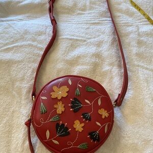 Portland Leather Red Round Crossbody with Floral Appliqués